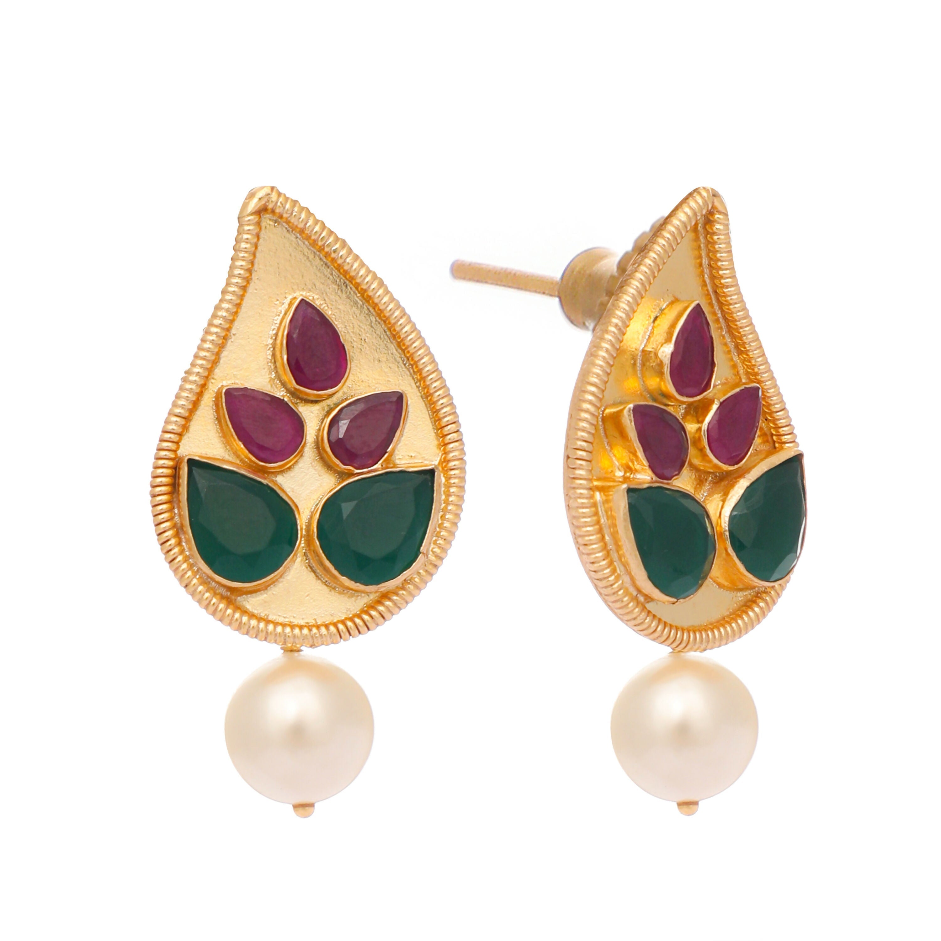 Nuyug 22K Gold Plated Emarald Stone Studded Contemporary Petal Shaped Pearl Drop Stud Earrings | Grocsy