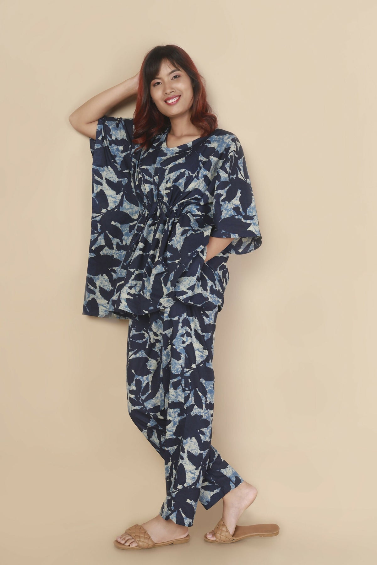 Breathables Women’S Loungewear Kaftan Cotton Blue Floral Print Co-Ord Set | Grocsy