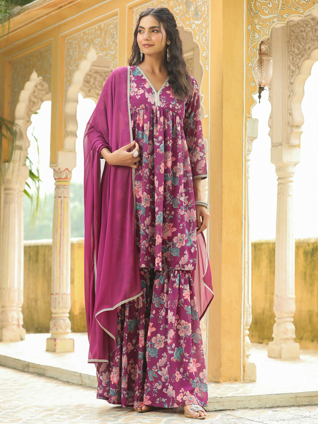 Janasya Purple Georgette Floral Kurta,Bottom & Dupatta | Grocsy