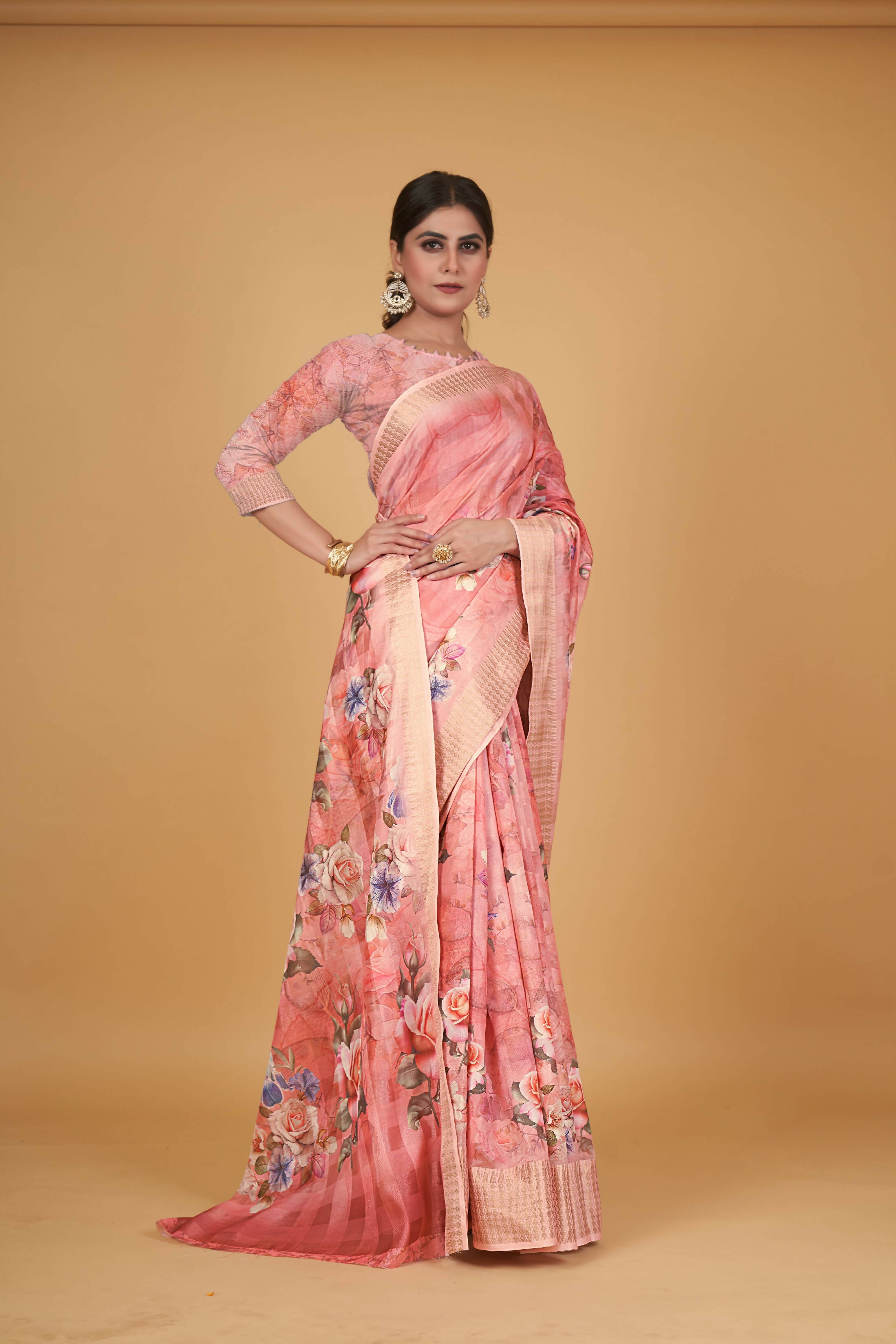 Peach Cotton Silk Digital Printed Saree With Unstitched Blouse Piece - Alisha | Grocsy