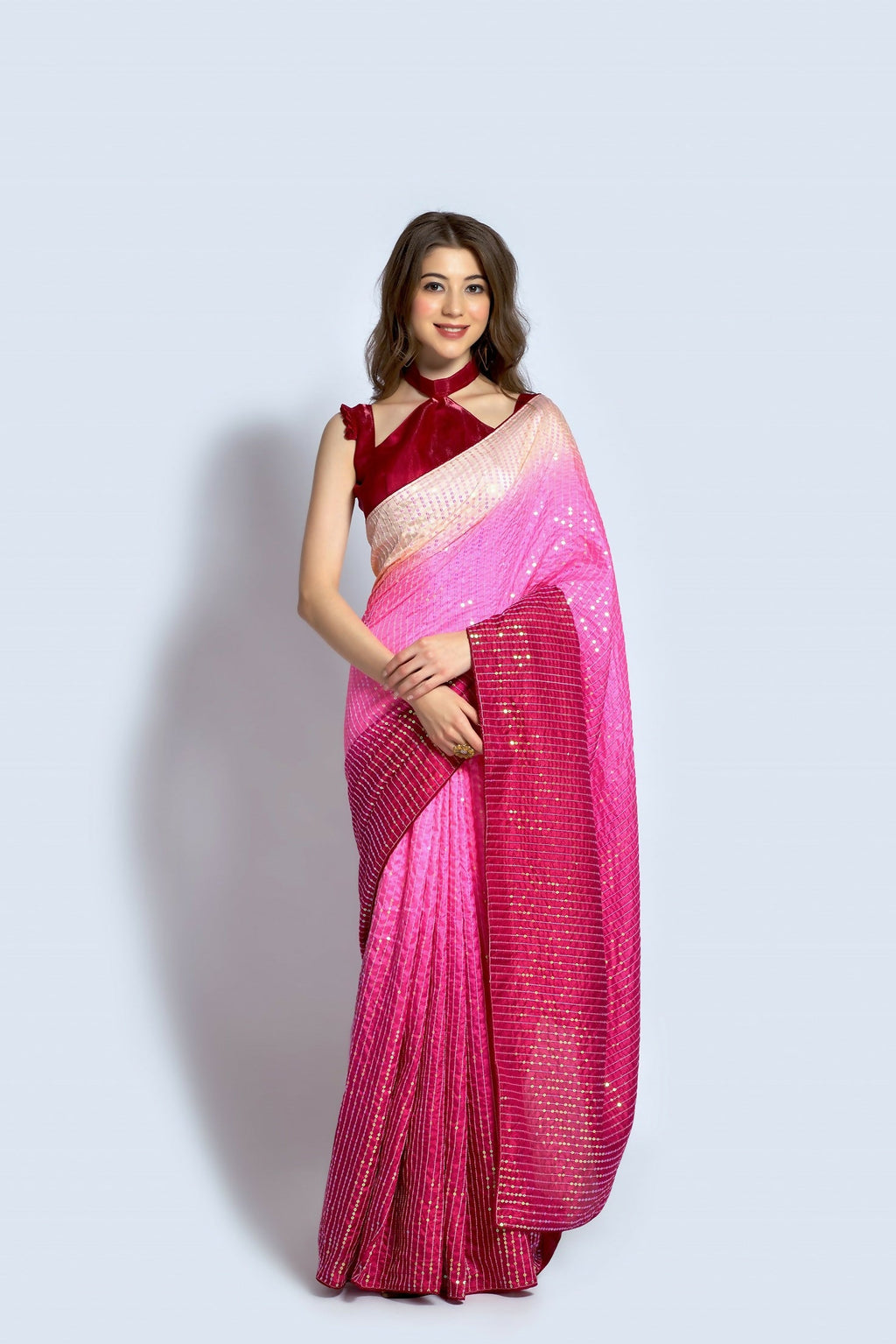 Vegaa Fashion Pink Vichitra Silk Embroidered Party Wear Saree | Grocsy