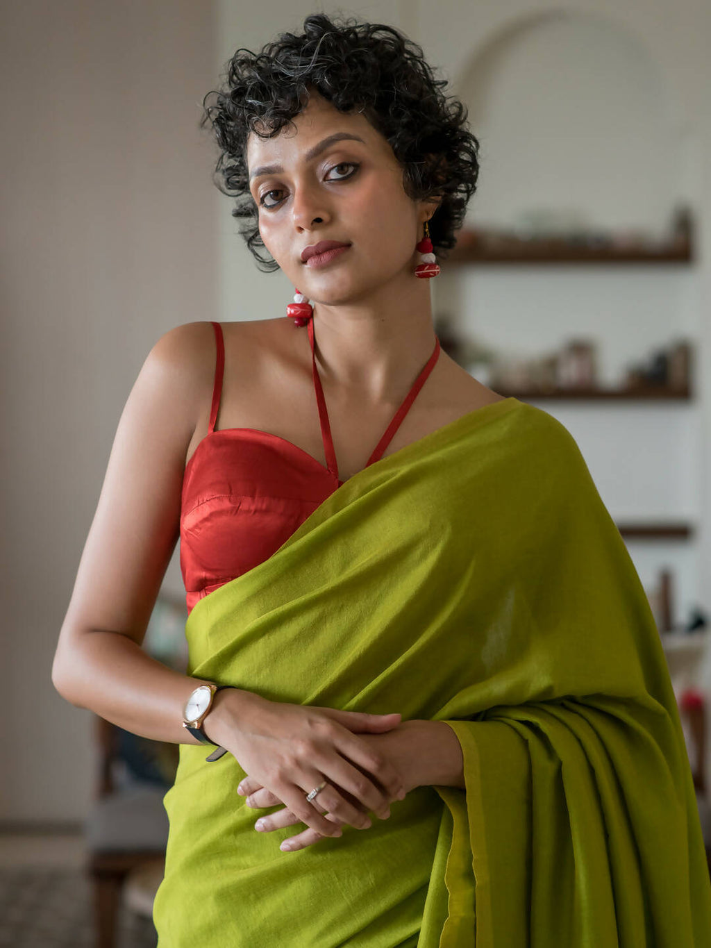 Suta Lime Green Solid Cotton Blend Saree | Grocsy