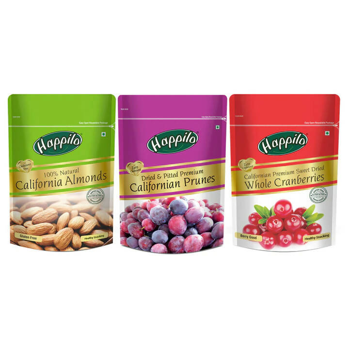 Happilo Premium Dry Fruits Combo (Californian Almonds, Prunes, Cranberries) | Grocsy