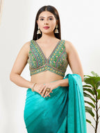 Joban Fashion Green Multi Georgette Padded Blouse With V Neck Sleeveless | Grocsy