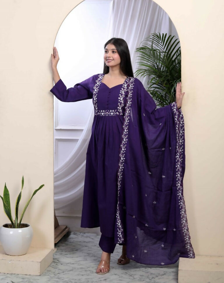 Miravan Women's Cotton Purple A-Line Kurta With Embroidered Neck And Palazzo With Embroidered Dupatta Set | Grocsy