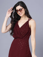 Myshka Georgette Solid Sleeveless Shoulder Straps Maroon Women Dress | Grocsy