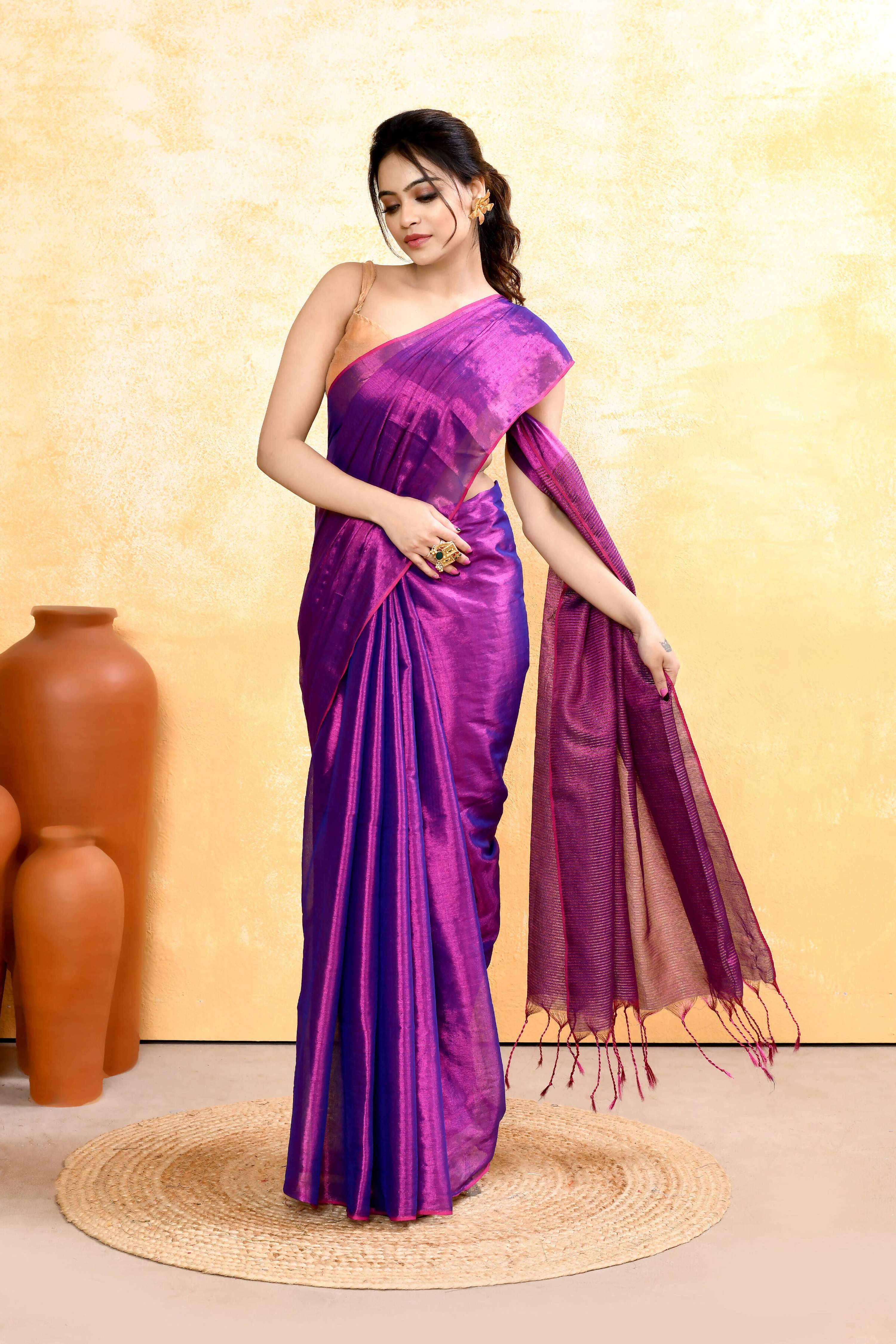 Piyari Fashion Women's Violet Dual Tone Organic Tissue Saree With Blouse Piece | Grocsy