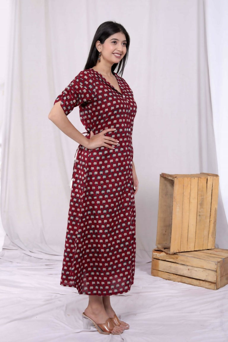 Miravan Women's Relaxed Fit Red Floral Printed A-Line Pure Cotton Midi Dress | Grocsy