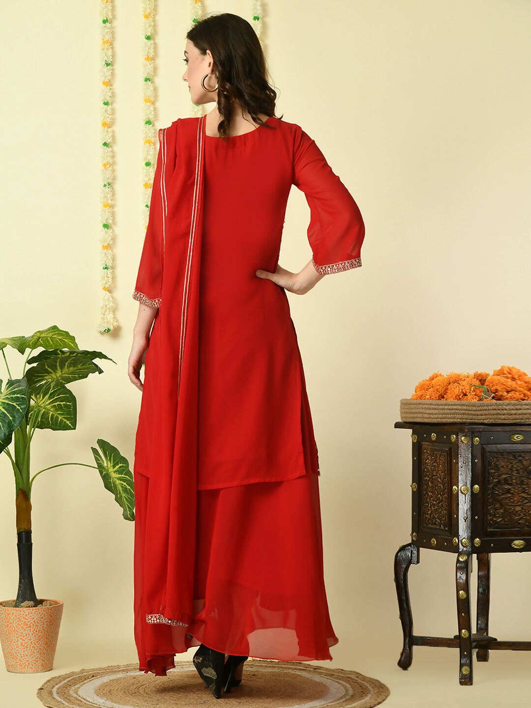 Myshka Women's Red Georgette Kurta & Skirt With Dupatta Party Sets | Grocsy