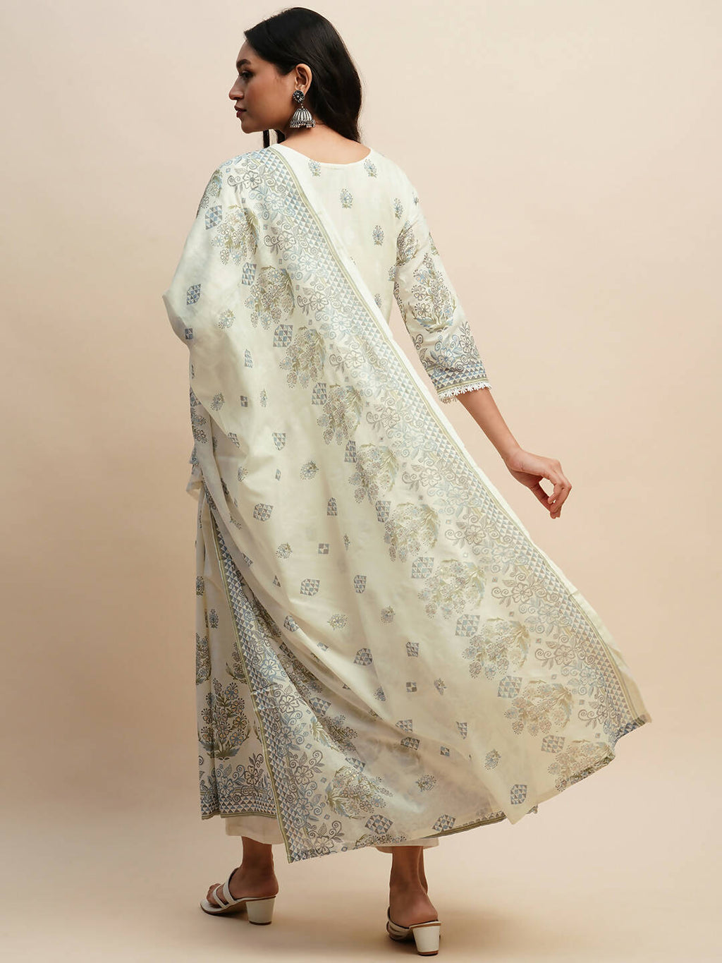 White And Blue Pure Cotton Floral Printed Anarkali Kurta And Bottom With Dupatta - Akashara | Grocsy
