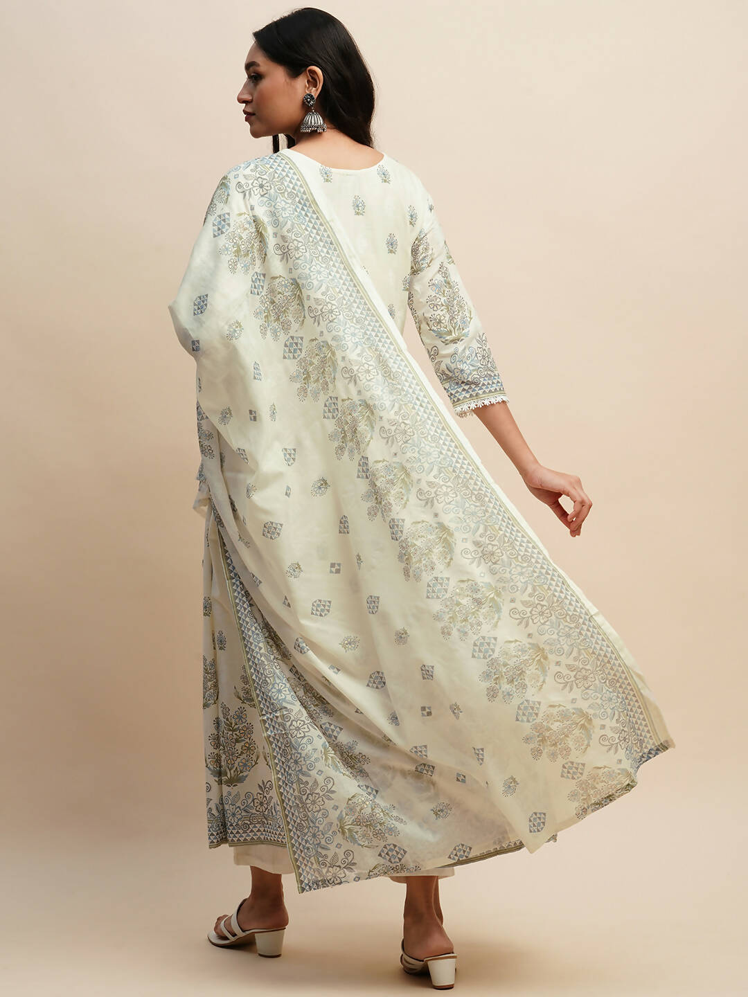 White And Blue Pure Cotton Floral Printed Anarkali Kurta And Bottom With Dupatta - Akashara | Grocsy