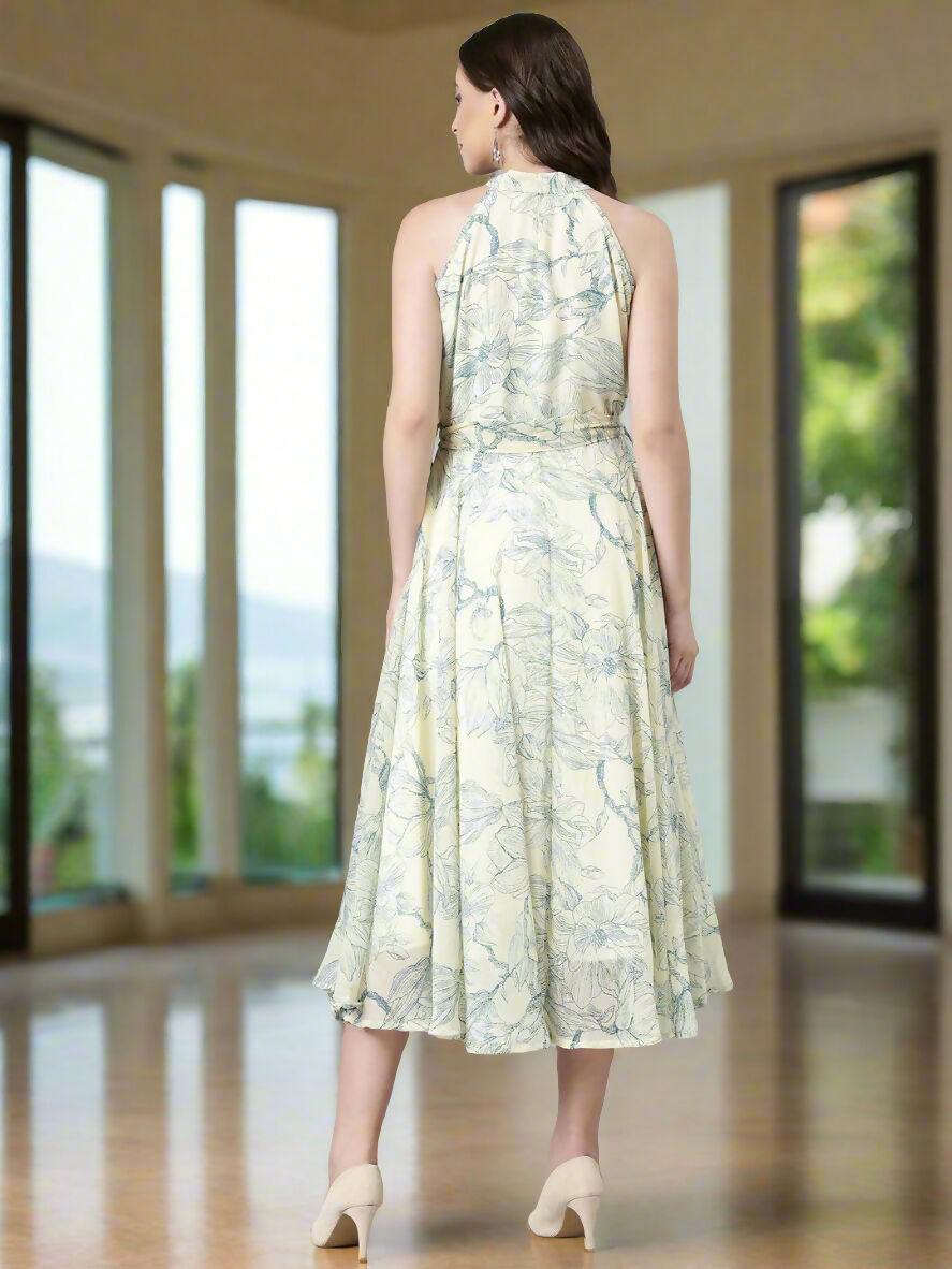 Souchii Cream & Blue Floral Chiffon Maxi Dress | Grocsy