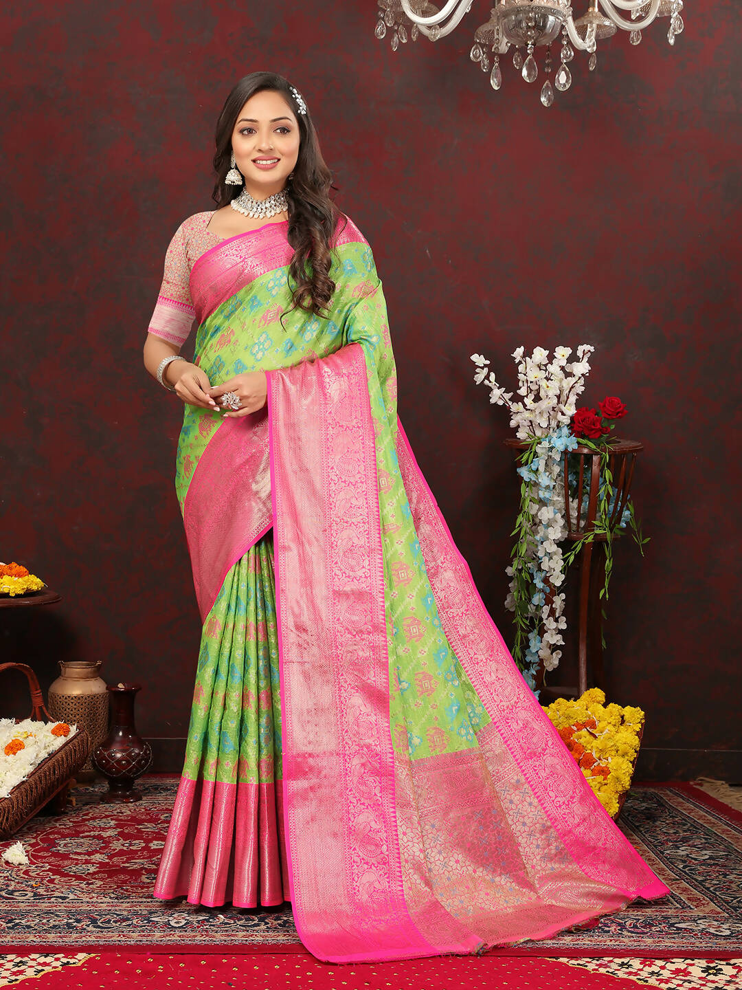 Lorenvalley Fashion Green Cotton Woven Design Zari Meenakari Weaving Saree | Grocsy