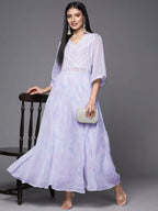 Ahalyaa Lavender & White Floral Printed High Slit Sequined Kurta with Palazzos | Grocsy