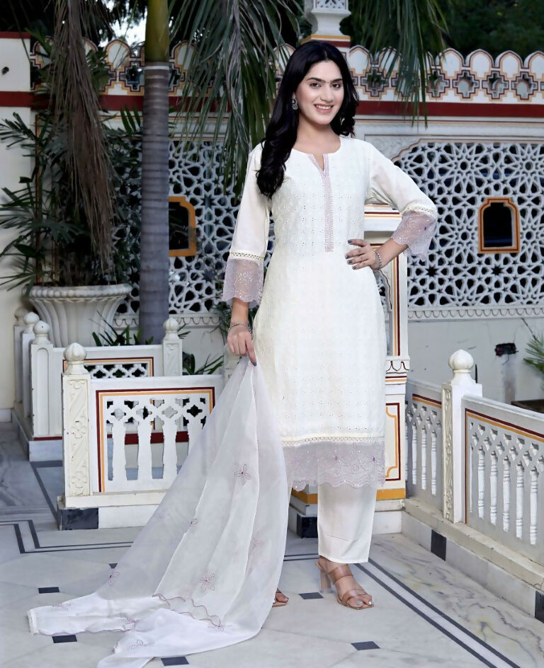 Miravan Women's Organza Cotton Chikankari Embroidered With Purple Sequence work Jaipuri Suit Set | Grocsy