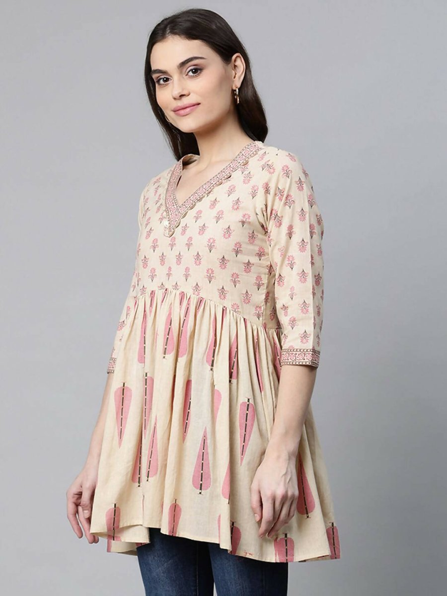 Ahalyaa Women Beautiful Beige Pure Cotton Printed Tunic | Grocsy