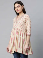 Ahalyaa Women Beautiful Beige Pure Cotton Printed Tunic | Grocsy