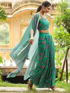 Janasya Green Georgette Floral Top Bottom Cape | Grocsy