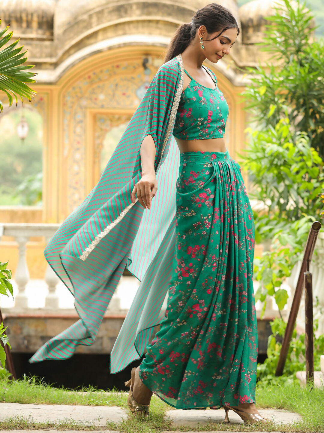 Janasya Green Georgette Floral Top Bottom Cape | Grocsy