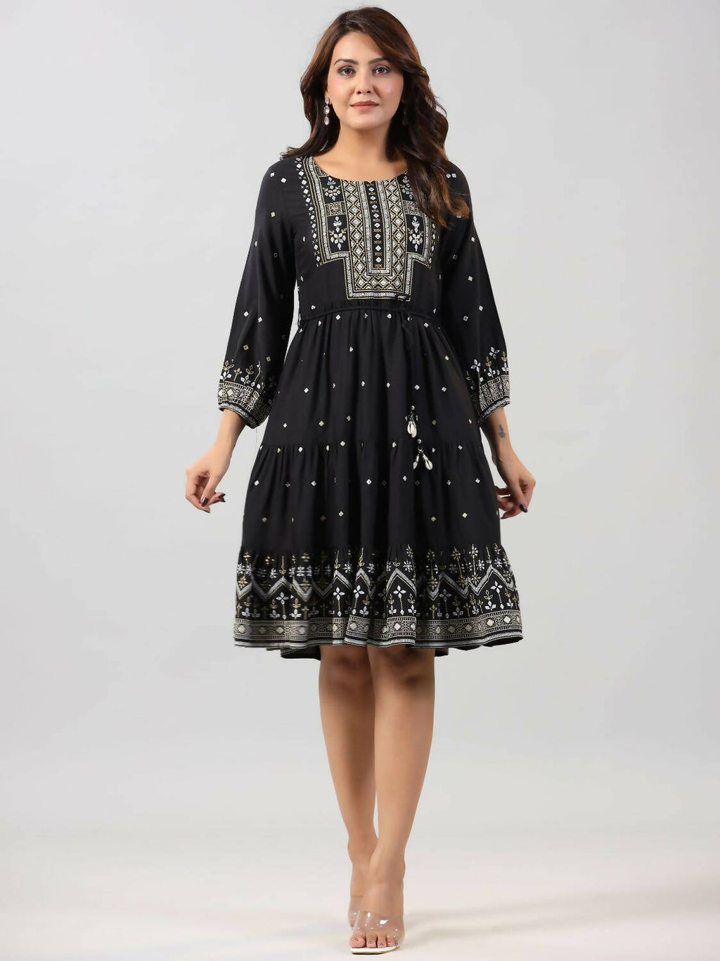 Juniper Women Black Rayon Printed Short Tiered Dress | Grocsy
