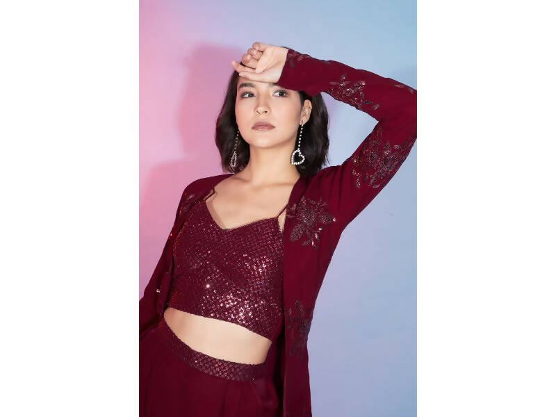 Red Georgette Sequence With Thread Designer Co-Ord Set - Flory | Grocsy