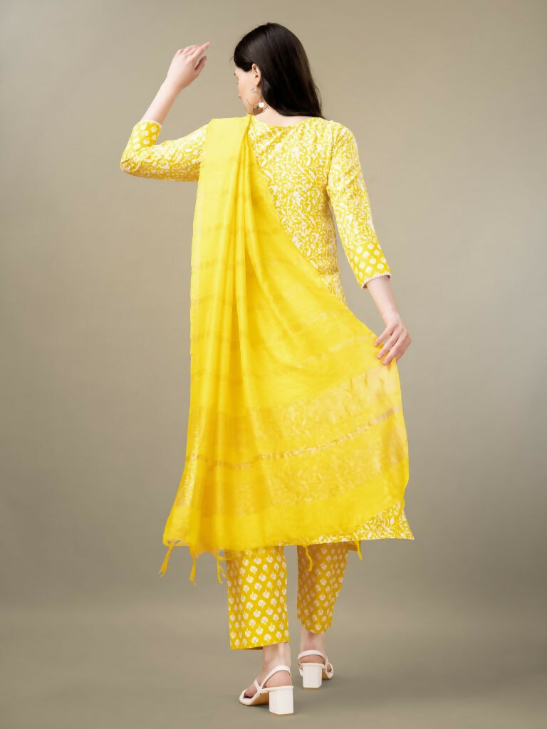Jyoti Fashion Women's Yellow Rayon Embroidery & Sequence work Kurta with Trouser & Dupatta | Grocsy