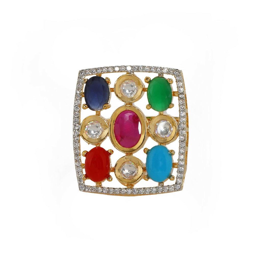 Navratan Kundan Ring (Multi Color) - Ruby Raang | Grocsy