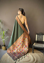 Joban Fashion Green Jacquard Butti Soft Lichi Silk Paithani Saree | Grocsy