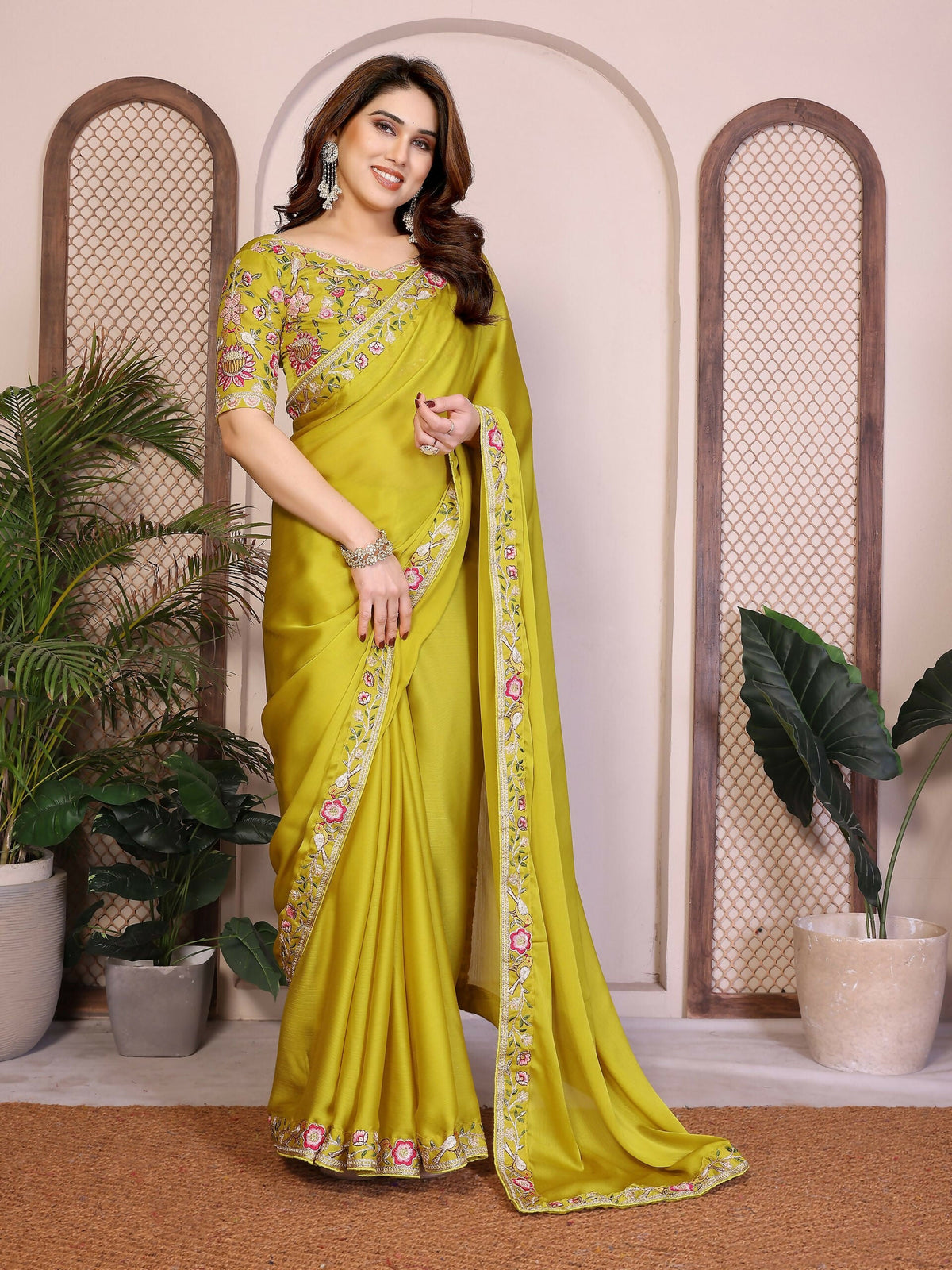 Teeya Creation New Trendy Party Wear Soft Satin Chiffon Saree-Yellow | Grocsy