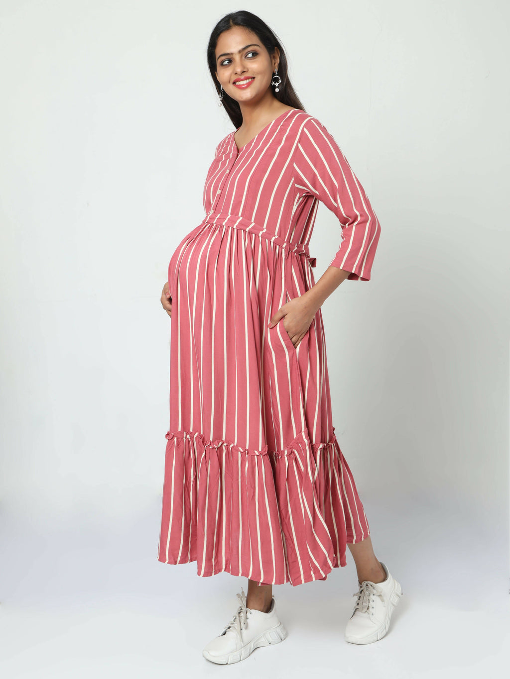 Manet Three Fourth Maternity Dress Striped With Concealed Zipper Nursing Access - Pink | Grocsy