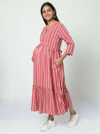 Manet Three Fourth Maternity Dress Striped With Concealed Zipper Nursing Access - Pink | Grocsy