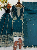 Teeya Creation Teal Color Fendy Silk Embroidery Work Wedding Wear Salwar Suit | Grocsy