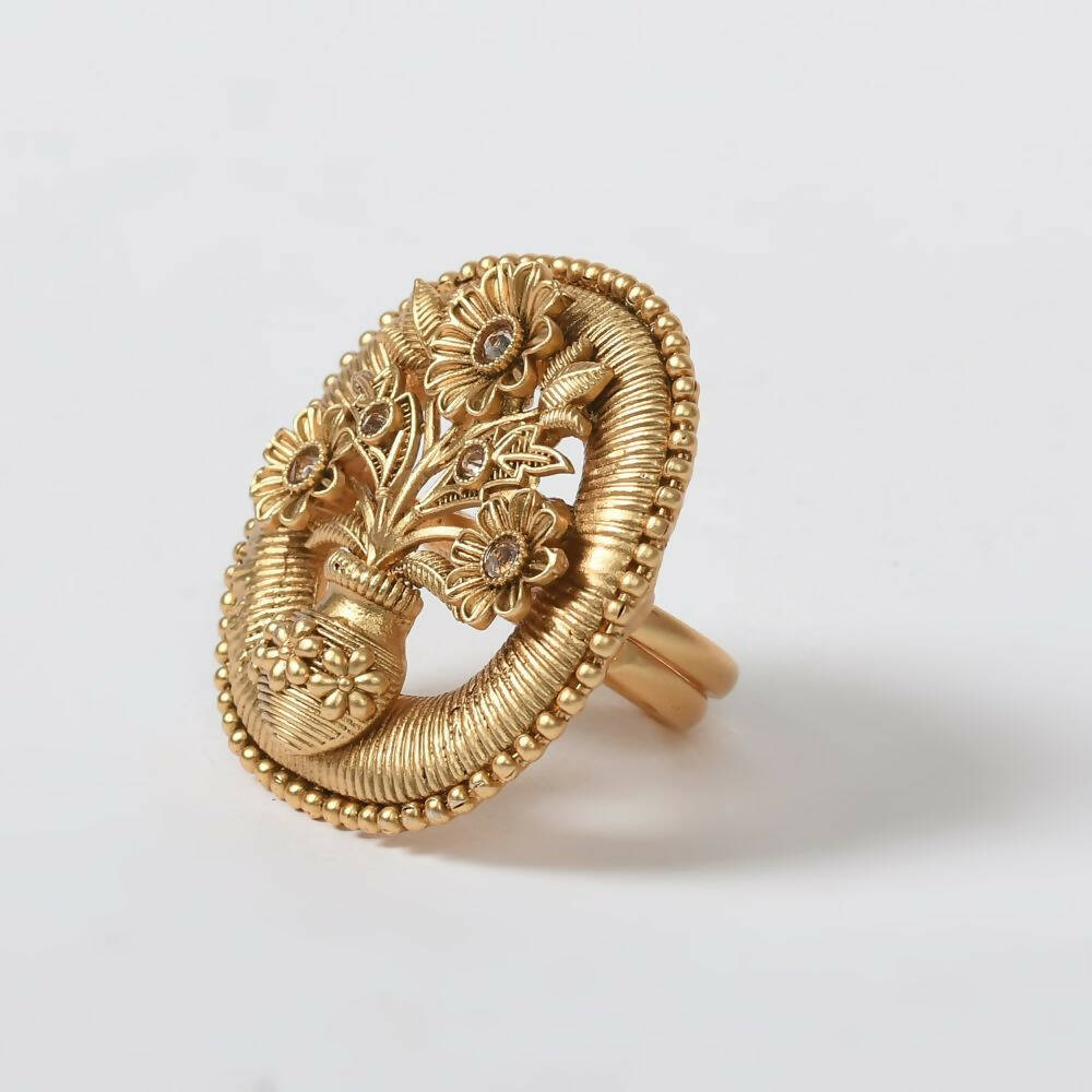 Mominos Fashion Joharkamal Gold-Polished Stone Studded Adjustable Finger Ring - Design 15 | Grocsy