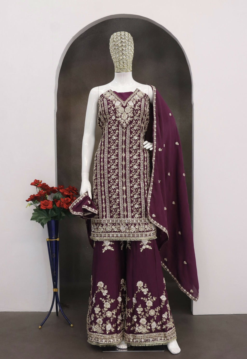Anaita Maroon Chinon Stitched Suit with Embroidery Coding Sequence Work | Grocsy