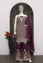 Anaita Maroon Chinon Stitched Suit with Embroidery Coding Sequence Work | Grocsy