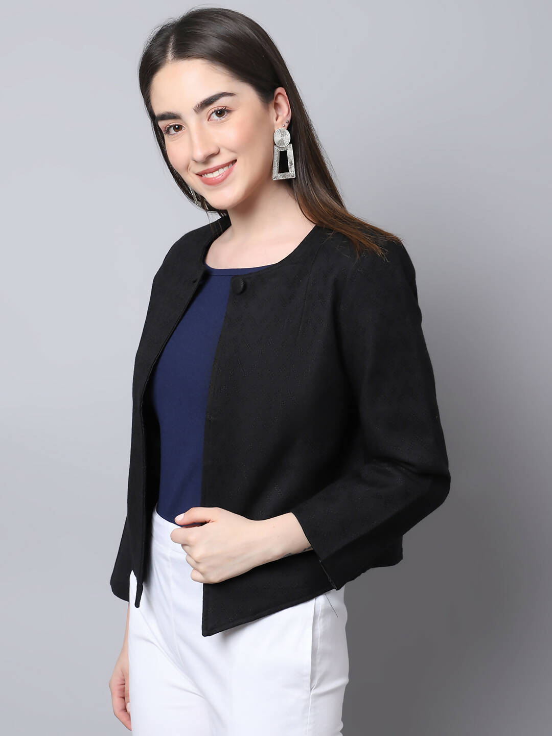 Even Apparels Black 100% Viscose Open Front Statement Women's Jacket | Grocsy