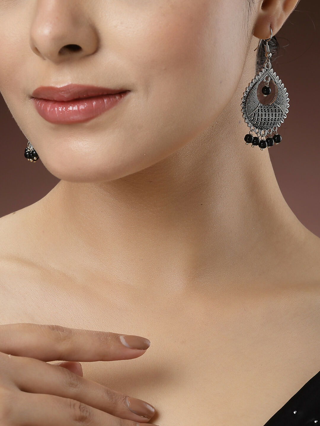 NVR Women's Set of 3 Silver-Toned German Silver Oxidised Dome Shaped Jhumka Earrings | Grocsy