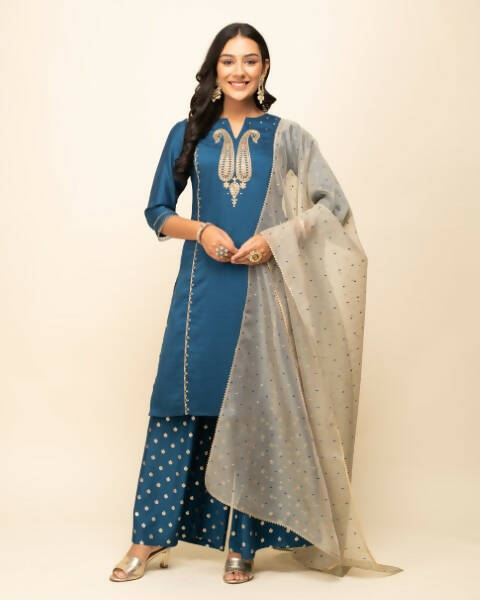 FIORRA Women's Teal Blue Silk Blend Straight Kurta Palazzo Set With Dupatta | Grocsy