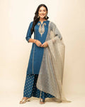 FIORRA Women's Teal Blue Silk Blend Straight Kurta Palazzo Set With Dupatta | Grocsy