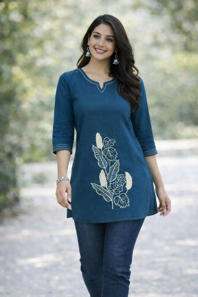 Teeya Creation Womens New Latest Cotton Blue Floral Embroidered Short Kurti | Grocsy