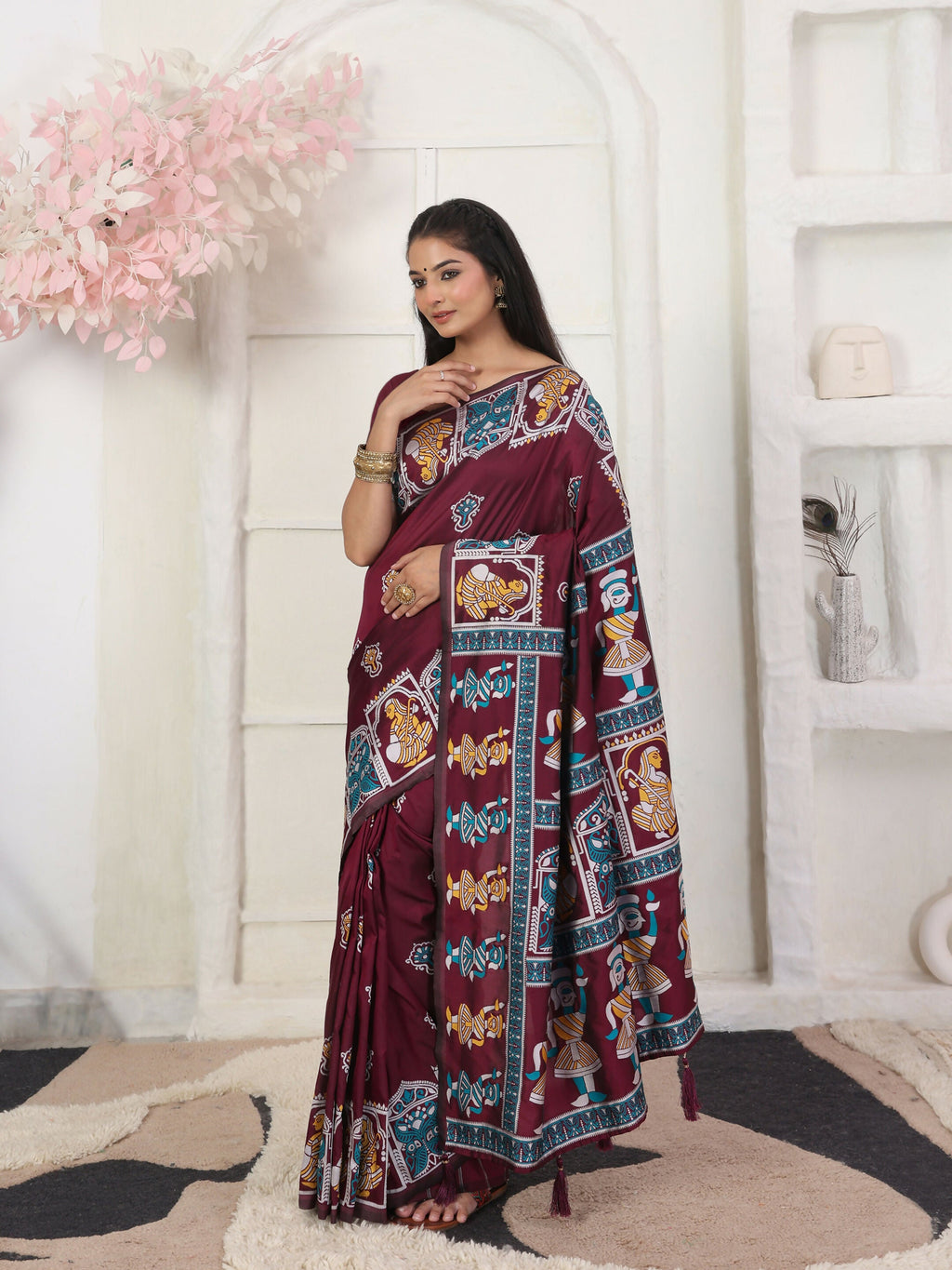 Shree Shyam Fashion Silk Blend Wine Saree | Grocsy