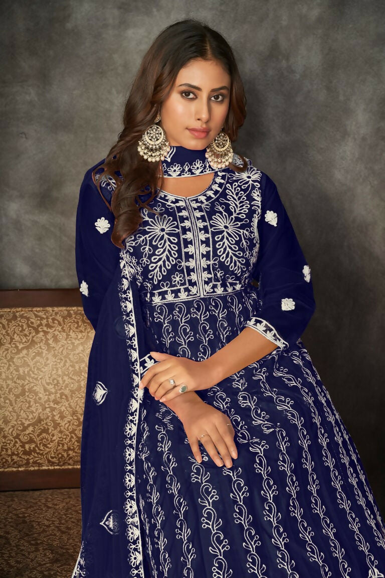 Jyoti Fashion Women's Blue Net Embroidered Anarkali Kurta Pant Set With Dupatta | Grocsy