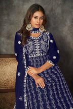 Jyoti Fashion Women's Blue Net Embroidered Anarkali Kurta Pant Set With Dupatta | Grocsy