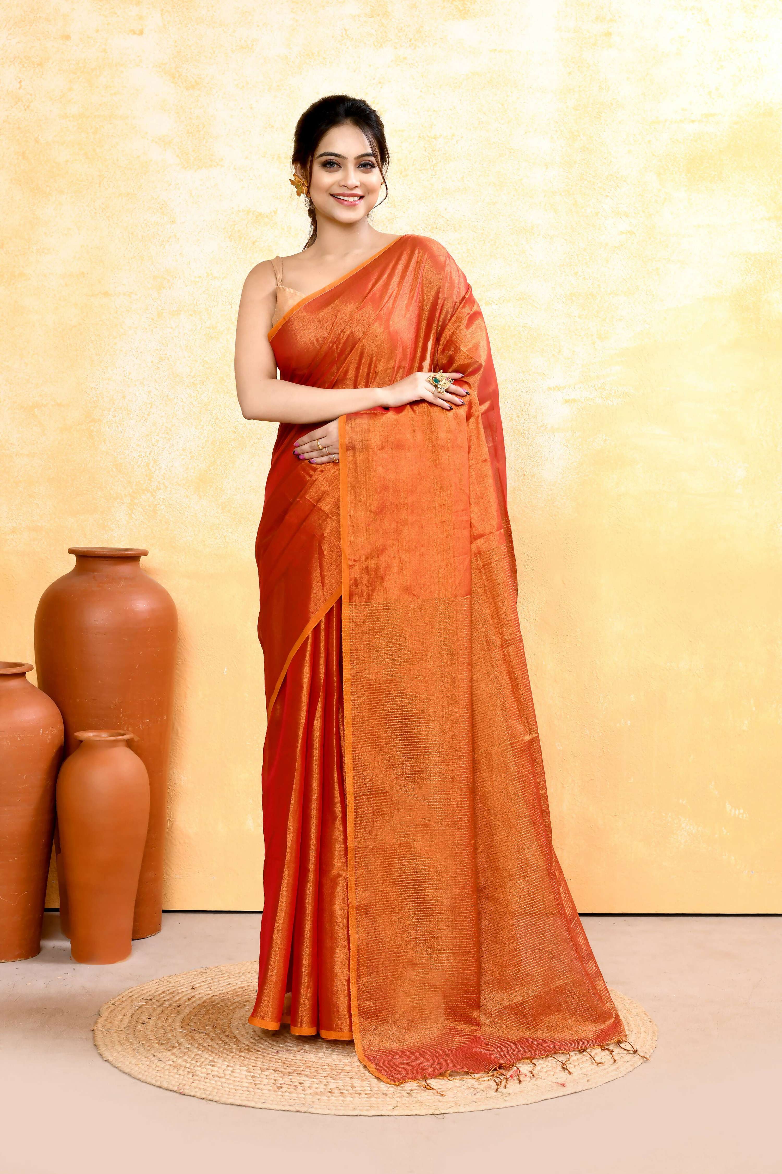 Piyari Fashion Women's Rust Dual Tone Organic Tissue Saree With Blouse Piece | Grocsy