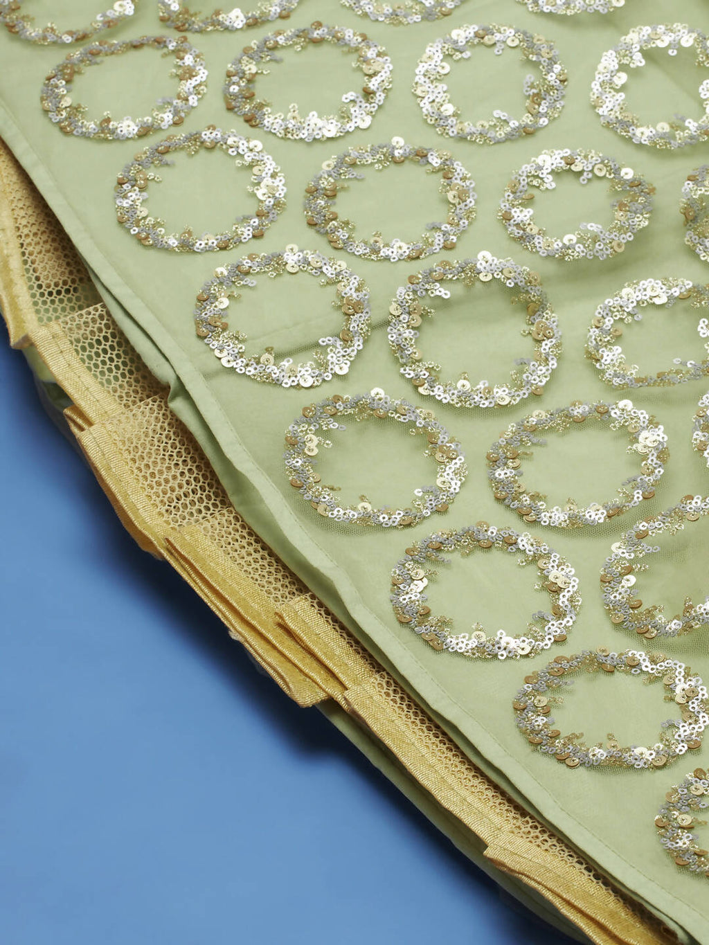 House of Panchhi Lime Green Net Embroideried Round Sequins Lehenga | Grocsy