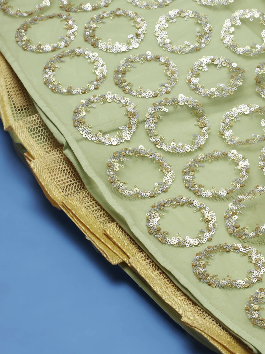 House of Panchhi Lime Green Net Embroideried Round Sequins Lehenga | Grocsy