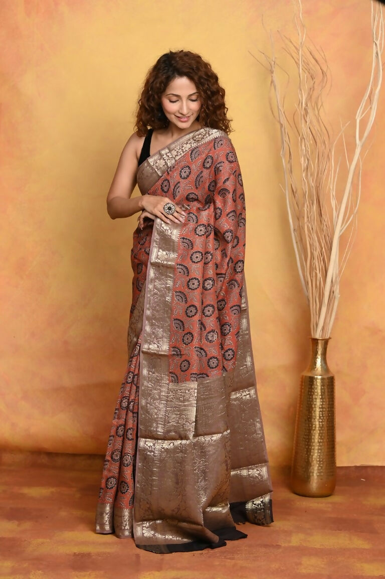 Very Much Indian Modal Silk Ajrakh Handblock Printed Natural Dyes With Designer Border Saree - Red | Grocsy