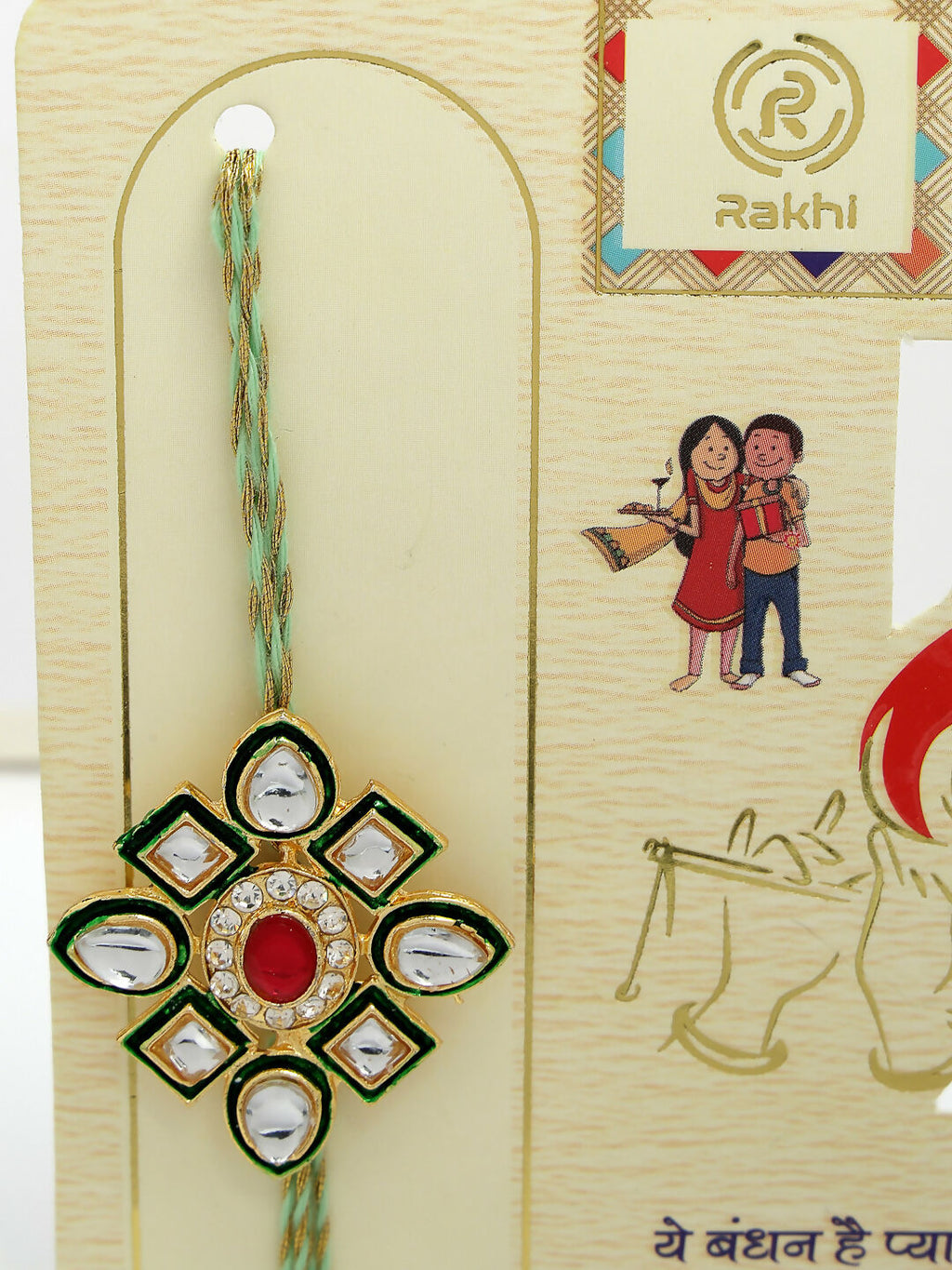 NVR Women & Men Set of 2 Gold Kundan-Studded Handcrafted Wraparound Rakhi Set With Roli Chawal | Grocsy