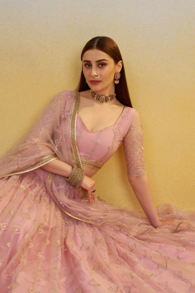 Aastha Fashion Pink Butterfly Net Tone To Tone Cotton Thread Work And Sequence Work Embroidery Wedding Wear Lehenga Choli | Grocsy