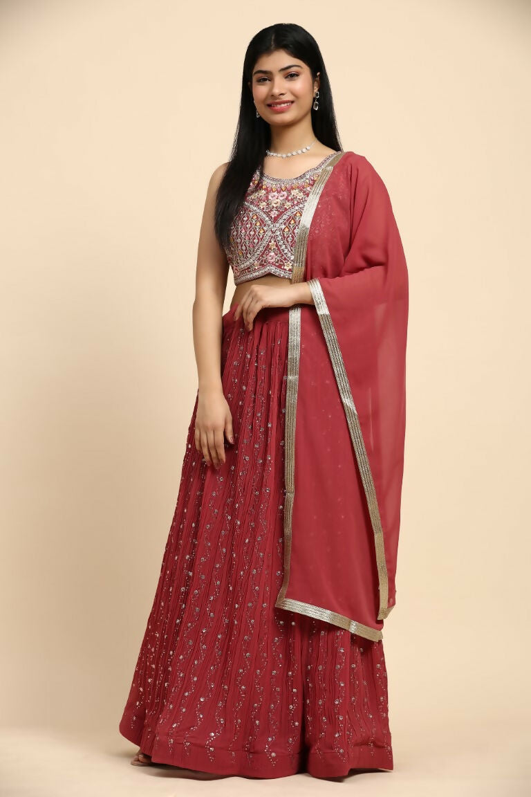 Red Georgette Embroidered Lehenga choli with Dupatta - Dhara | Grocsy
